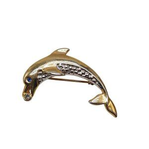 Gold Silver Dolphin Pin With Blue Clear Rhinestones Elegant Ocean-Inspired